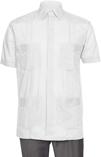 Short Sleeve Guayabera Shirt - for Men Cuban Linen Look - White