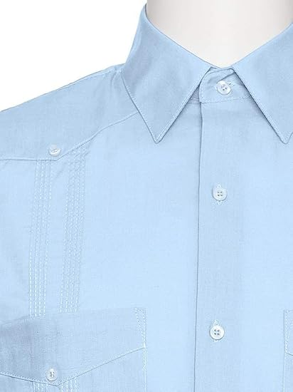 Short Sleeve Guayabera Shirt - for Men Cuban Linen Look - Light Blue