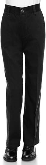Boys Uniform Straight Twill Pant - Flat Front Wrinkle Free Cotton Slacks - Black