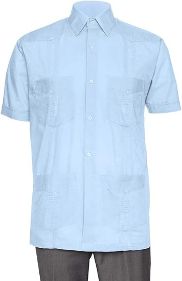 Short Sleeve Guayabera Shirt - for Men Cuban Linen Look - Light Blue