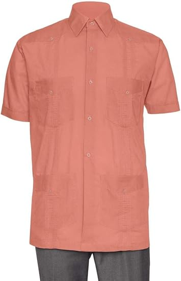 Short Sleeve Guayabera Shirt - for Men Cuban Linen Look - Rust