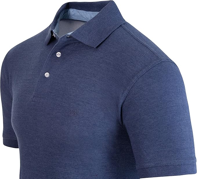 AKA Men's Solid Polo Shirt Classic Fit - Pique Chambray Collar Comfortable Quality - Heather Blue