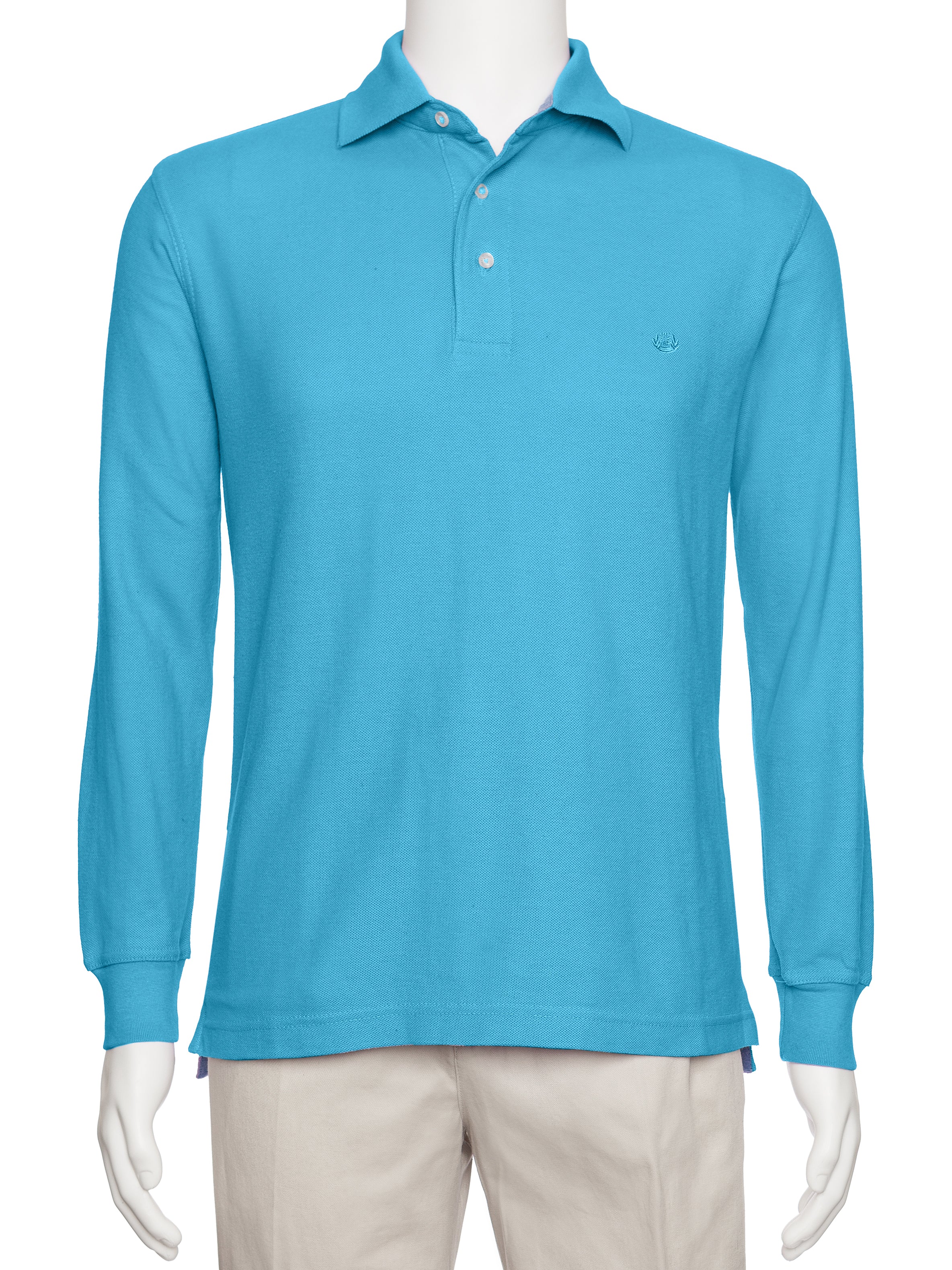 Men's Turquoise Solid Polo Shirt Classic Fit - Pique Chambray Collar- Short Sleeve