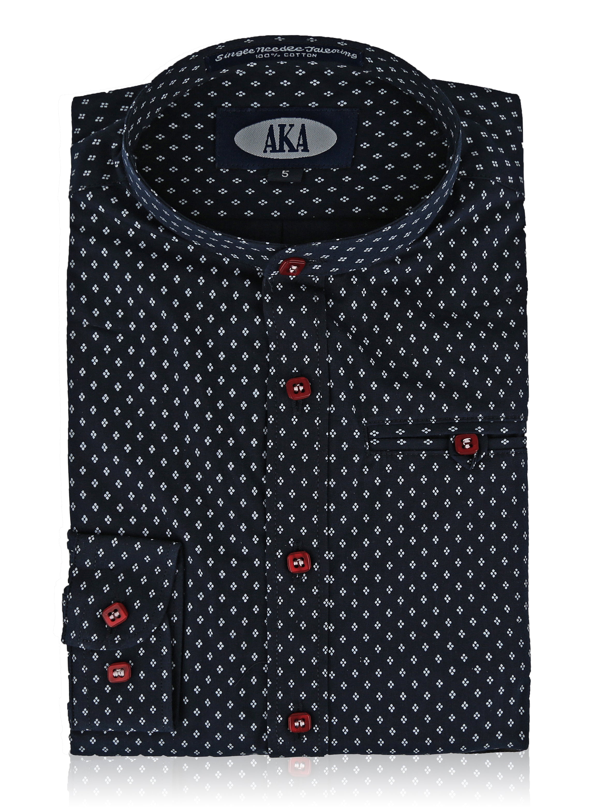 Boys Navy Print Mandarin Collar Dress Shirt Long Sleeve