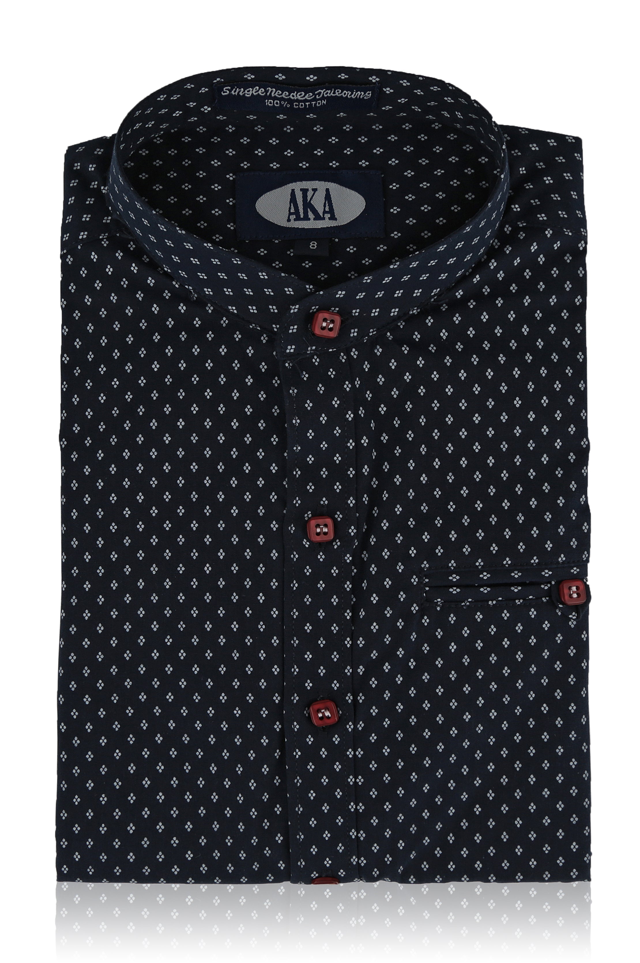 Boys Navy Print Mandarin Collar Dress Shirt Long Sleeve