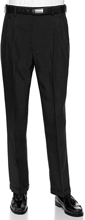 RGM Men’s Pleated Black Polyester Dress Pants – Regular & Expandable Waist