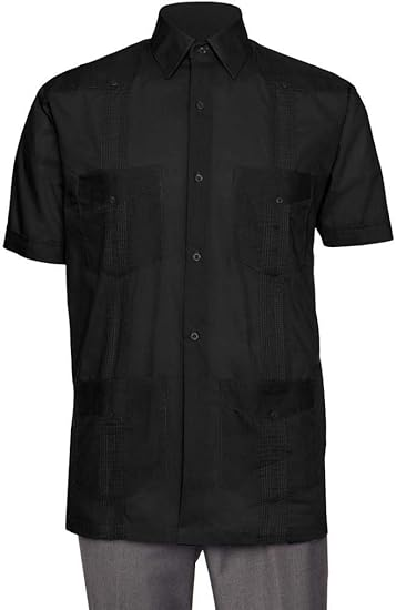 Short Sleeve Guayabera Shirt - for Men Cuban Linen Look - Black