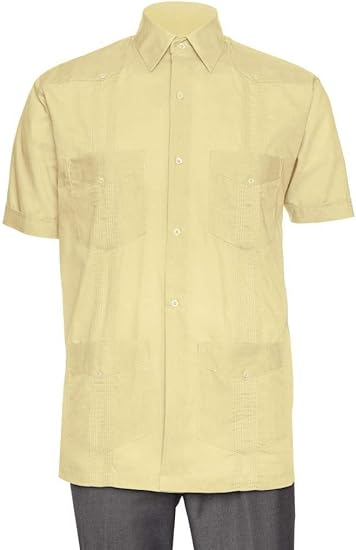 Short Sleeve Guayabera Shirt - for Men Cuban Linen Look - Honey