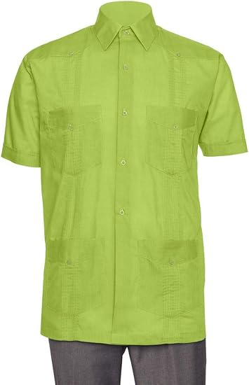 Short Sleeve Guayabera Shirt - for Men Cuban Linen Look - Lime