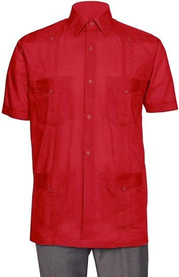 Short Sleeve Guayabera Shirt - for Men Cuban Linen Look - Red