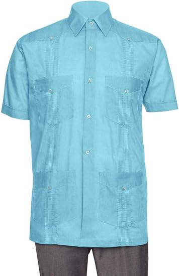 Short Sleeve Guayabera Shirt - for Men Cuban Linen Look - Teal