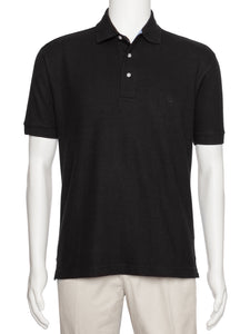 Men's Black Solid Polo Shirt Classic Fit - Pique Chambray Collar