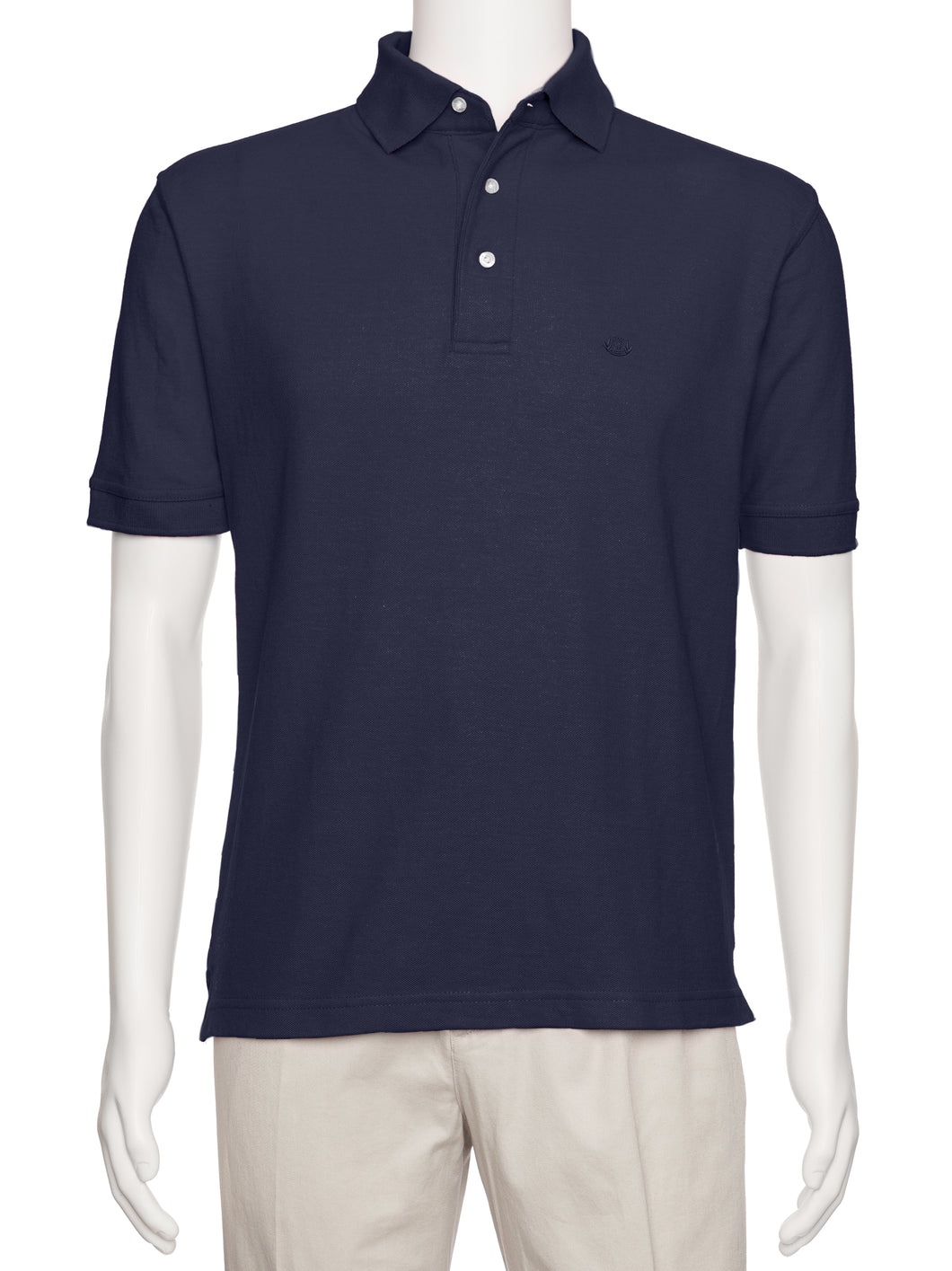 Men's Navy Solid Polo Shirt Classic Fit - Pique Chambray Collar