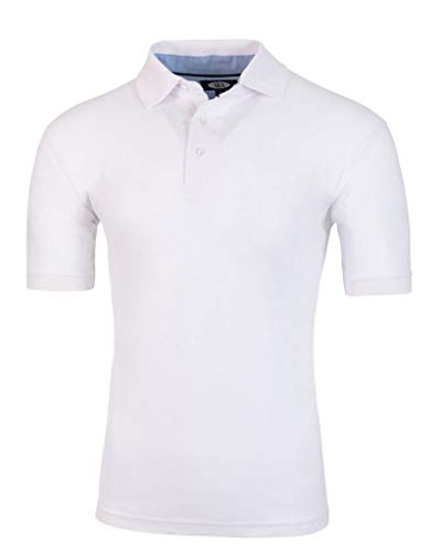 Men's White Solid Polo Shirt Classic Fit - Pique Chambray Collar- large sizes- Short Sleeve