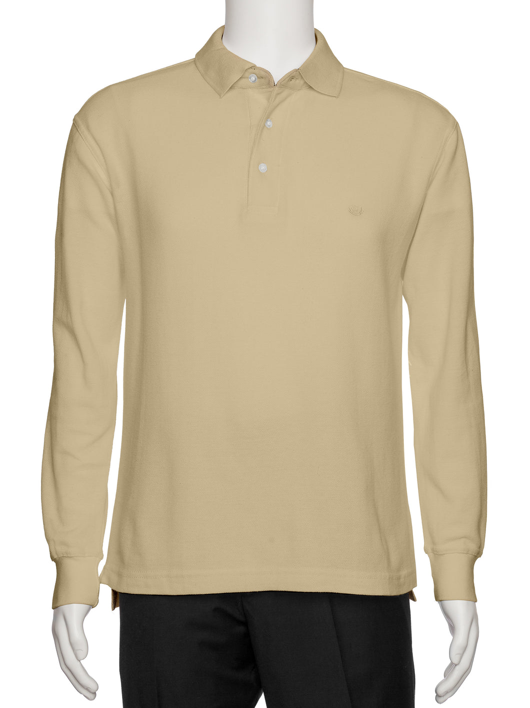 Men's Sand Solid Polo Shirt Classic Fit - Pique Chambray Collar- Long Sleeve