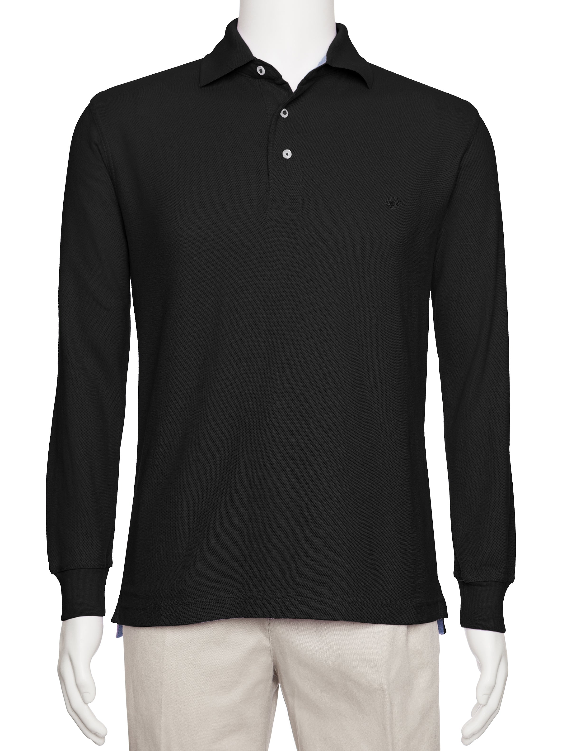 Men's Black Solid Polo Shirt Classic Fit - Pique Chambray Collar