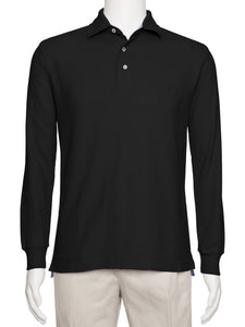 Men's Black Solid Polo Shirt Classic Fit - Pique Chambray Collar