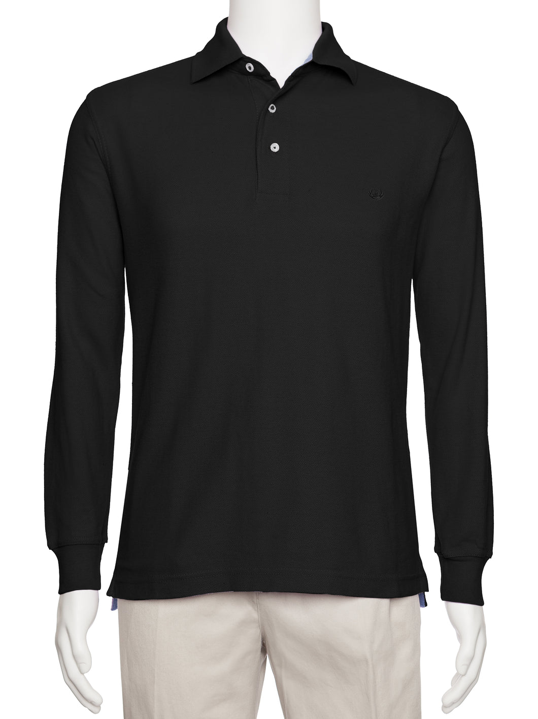 Men's Black Solid Polo Shirt Classic Fit - Pique Chambray Collar- large sizes- Long Sleeve
