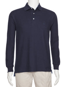 Men's Navy Solid Polo Shirt Classic Fit - Pique Chambray Collar