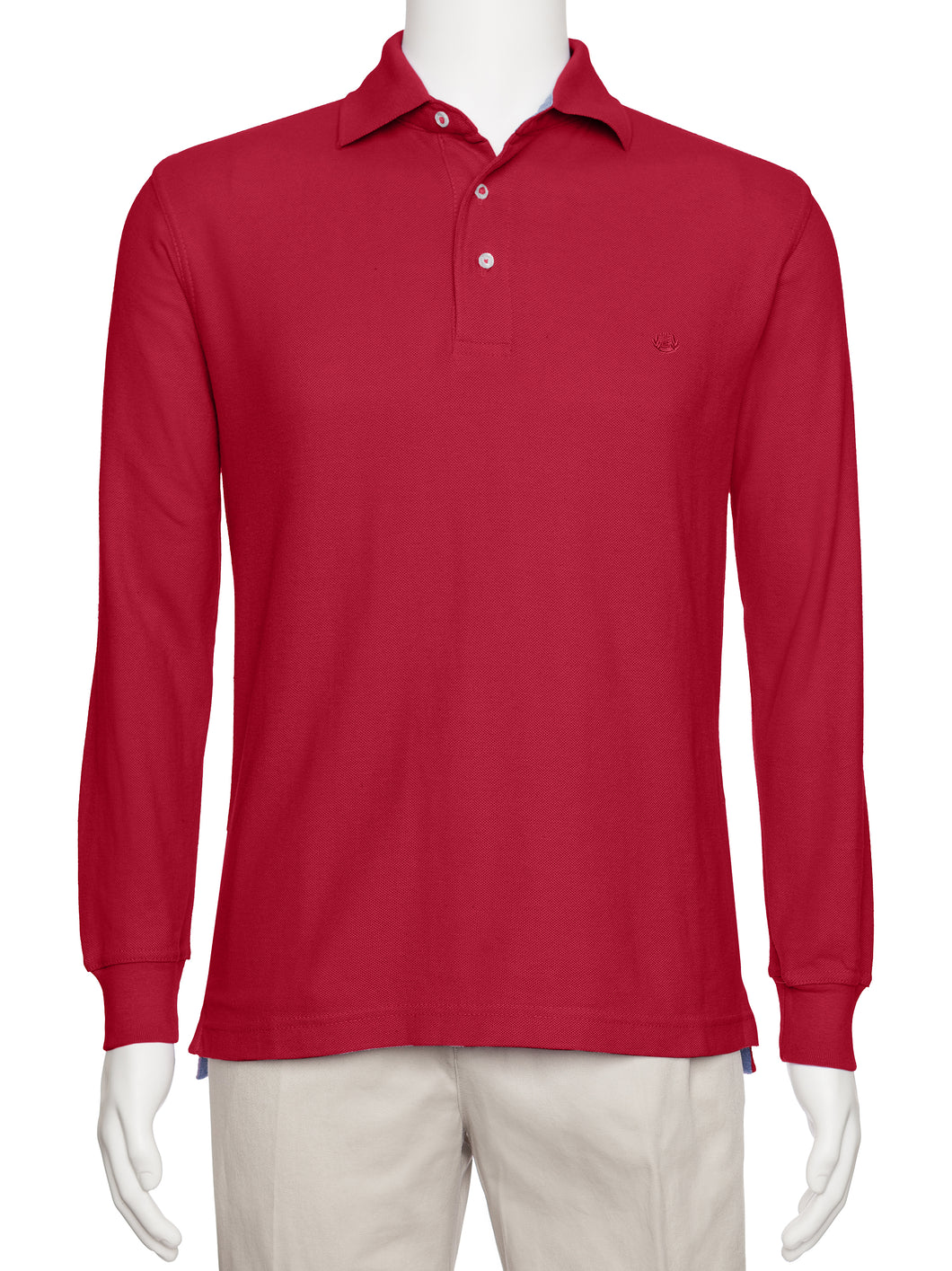 Men's Red Solid Polo Shirt Classic Fit - Pique Chambray Collar- Long Sleeve