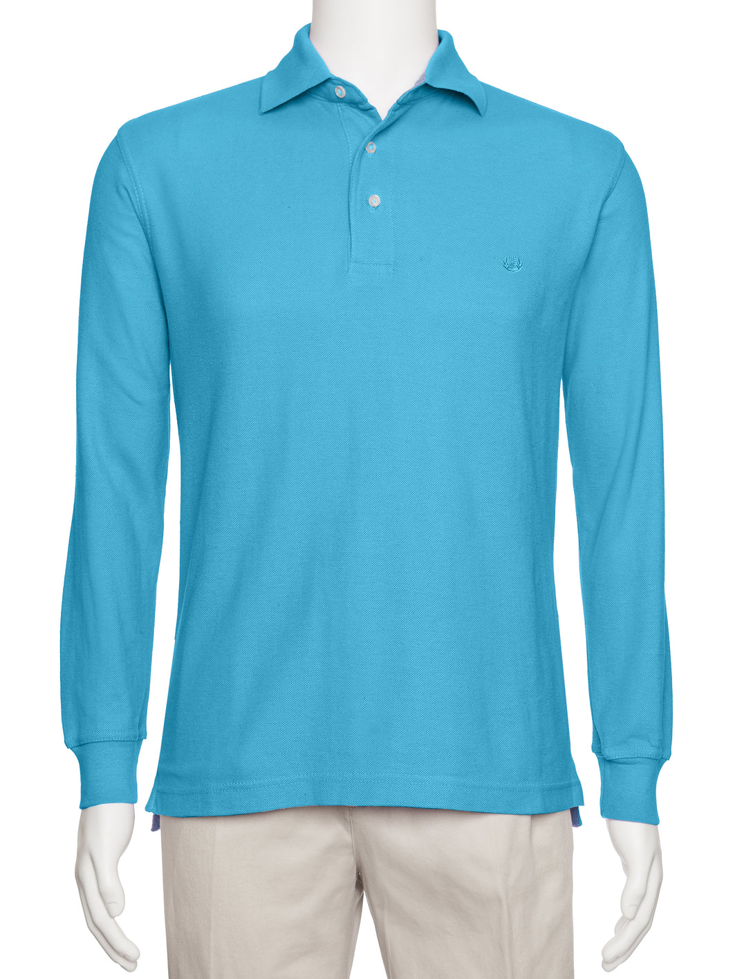 Men's Turquoise Solid Polo Shirt Classic Fit - Pique Chambray Collar- Long Sleeve