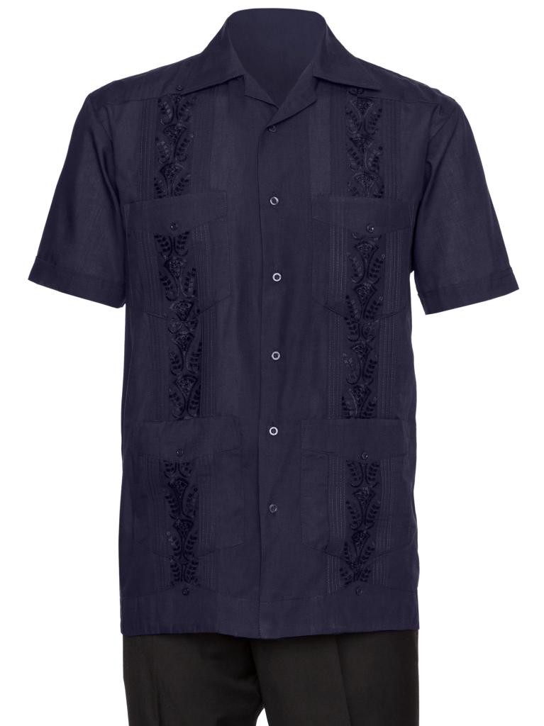 Men's Guayabera Shirt – Cuban Style Button-Down Beach Shirt, Navy, XX-Large
