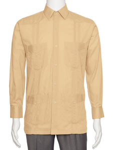 Mens  Long Sleeve Linen Look Guayabera Shirt