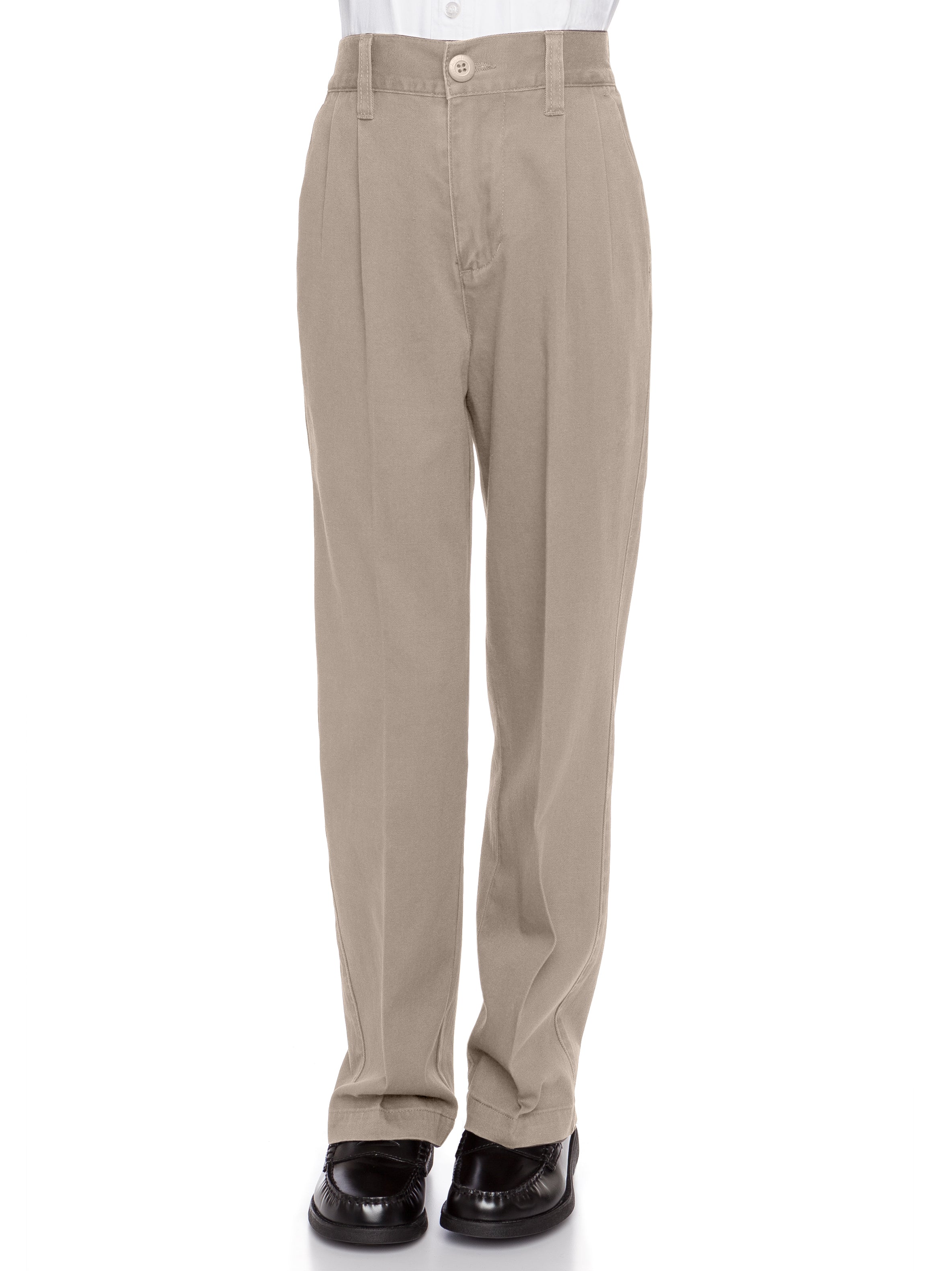 Boys Pleat-Front Traditonal Fit Back Elastic Cotton Twill Pants